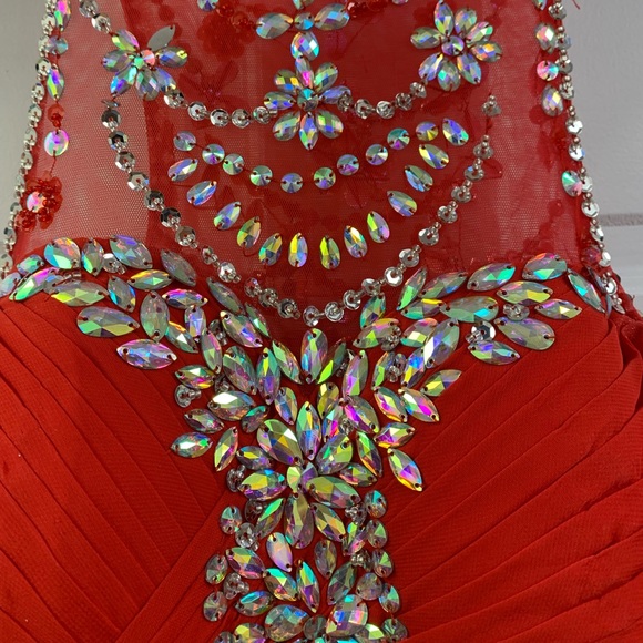 Red A-Line Beaded Prom Dress with Pleated Bodice - Picture 4 of 7